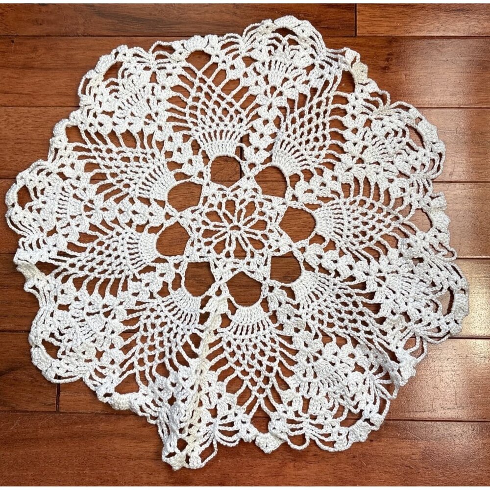 Hand-Crocheted White Lace Doily Table Centerpiece 14" Intricate Pattern Vintage